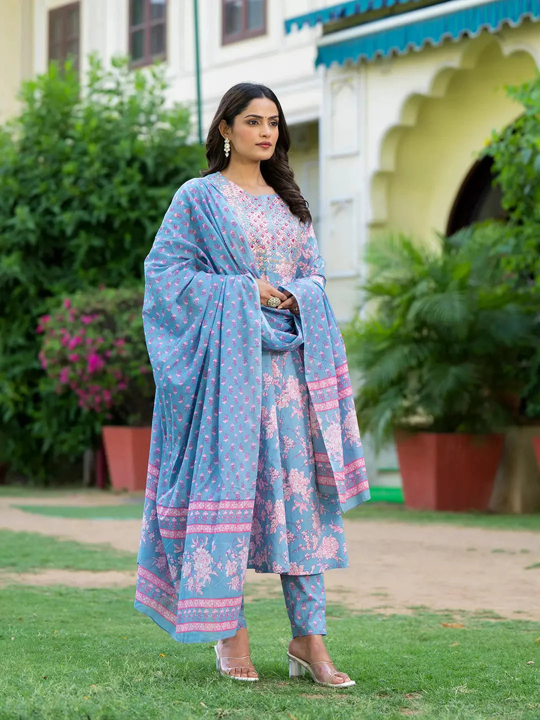 Grey Zari Work Anarkali Kurta Pant Dupatta Set