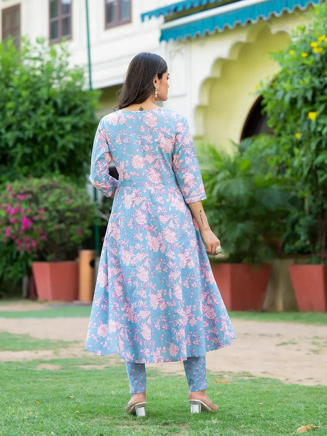 Grey Zari Work Anarkali Kurta Pant Dupatta Set