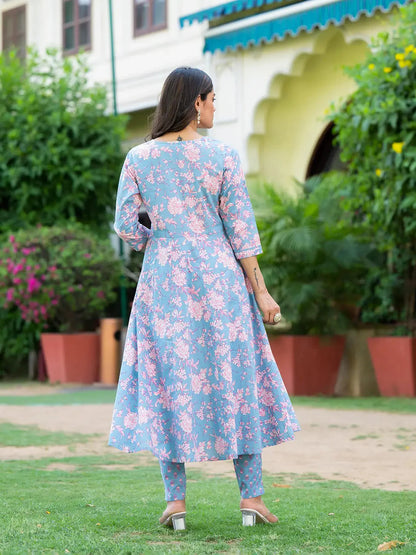 Grey Zari Work Anarkali Kurta Pant Dupatta Set