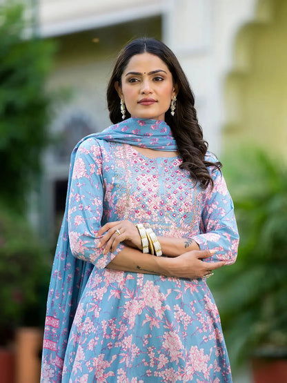 Grey Zari Work Anarkali Kurta Pant Dupatta Set