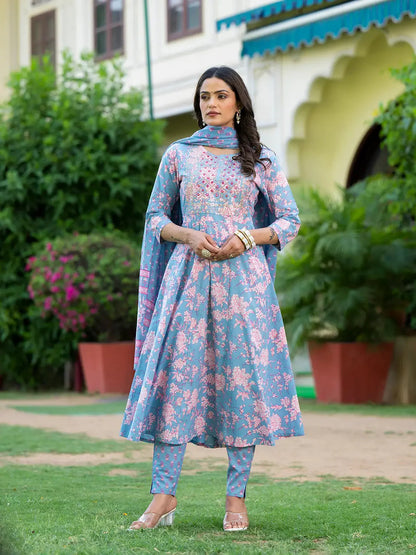 Grey Zari Work Anarkali Kurta Pant Dupatta Set