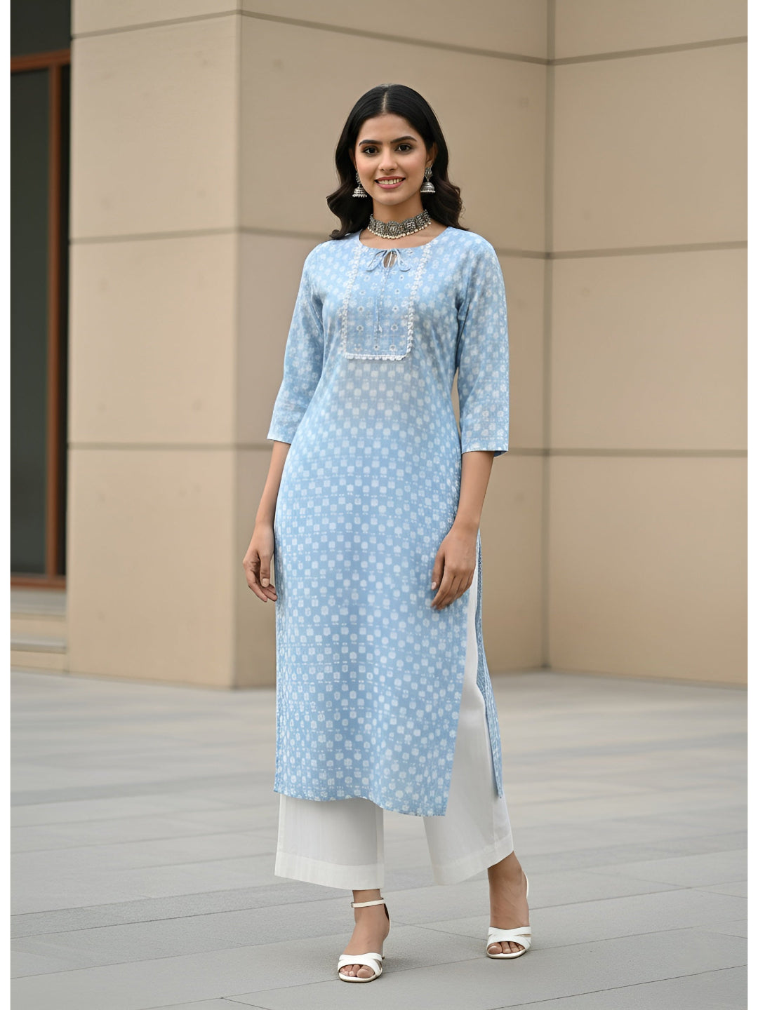 Printed Straight Kurta with Three Quarter Sleeves