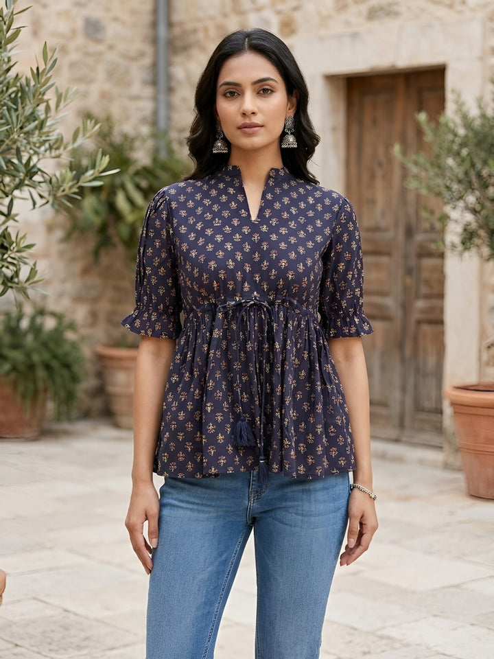 Printed Peplum Top With Puff Sleeves