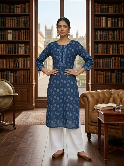 Printed Straight Kurta With Three Quarter Sleeves