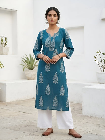 Printed Straight Kurta With Three Quarter Sleeves