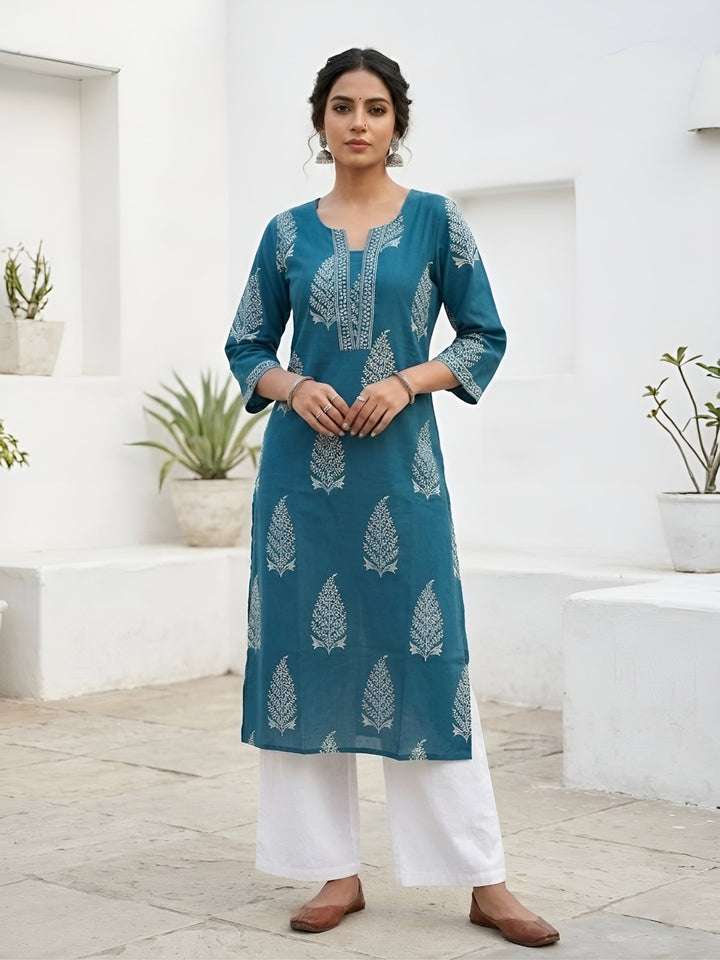 Printed Straight Kurta With Three Quarter Sleeves