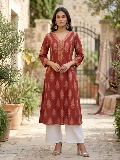 Printed Straight Kurta With Three Quarter Sleeves