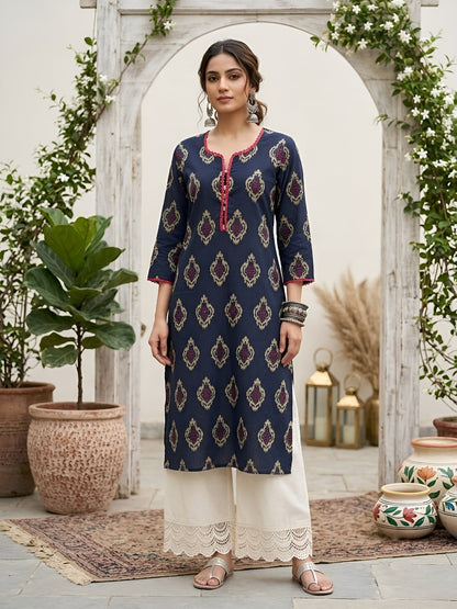 Printed Straight Kurta With Three Quarter Sleeves
