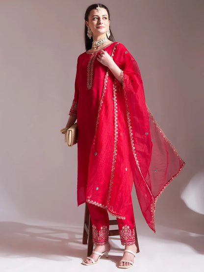 Hot Pink Embroidered Kurta With Pant And Dupatta Comes With Cotton Lining
