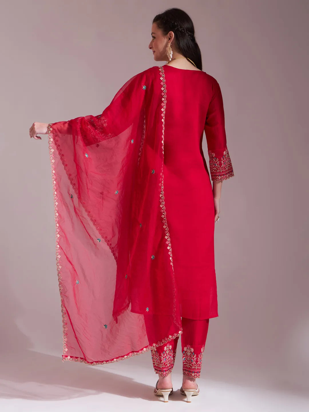 Hot Pink Embroidered Kurta With Pant And Dupatta Comes With Cotton Lining