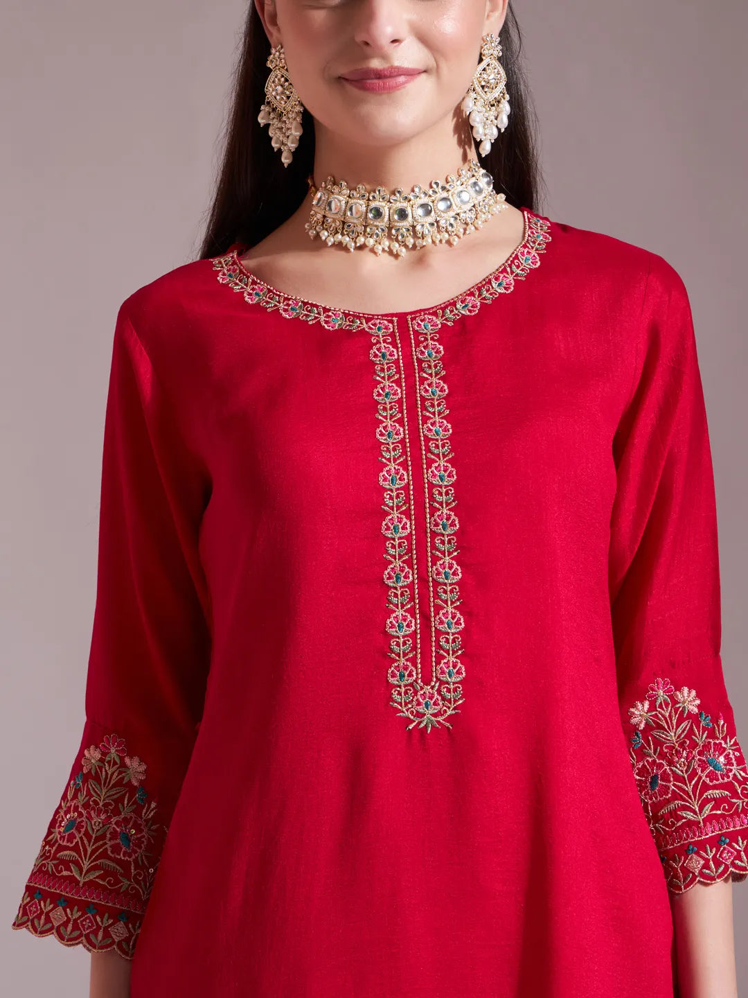 Hot Pink Embroidered Kurta With Pant And Dupatta Comes With Cotton Lining