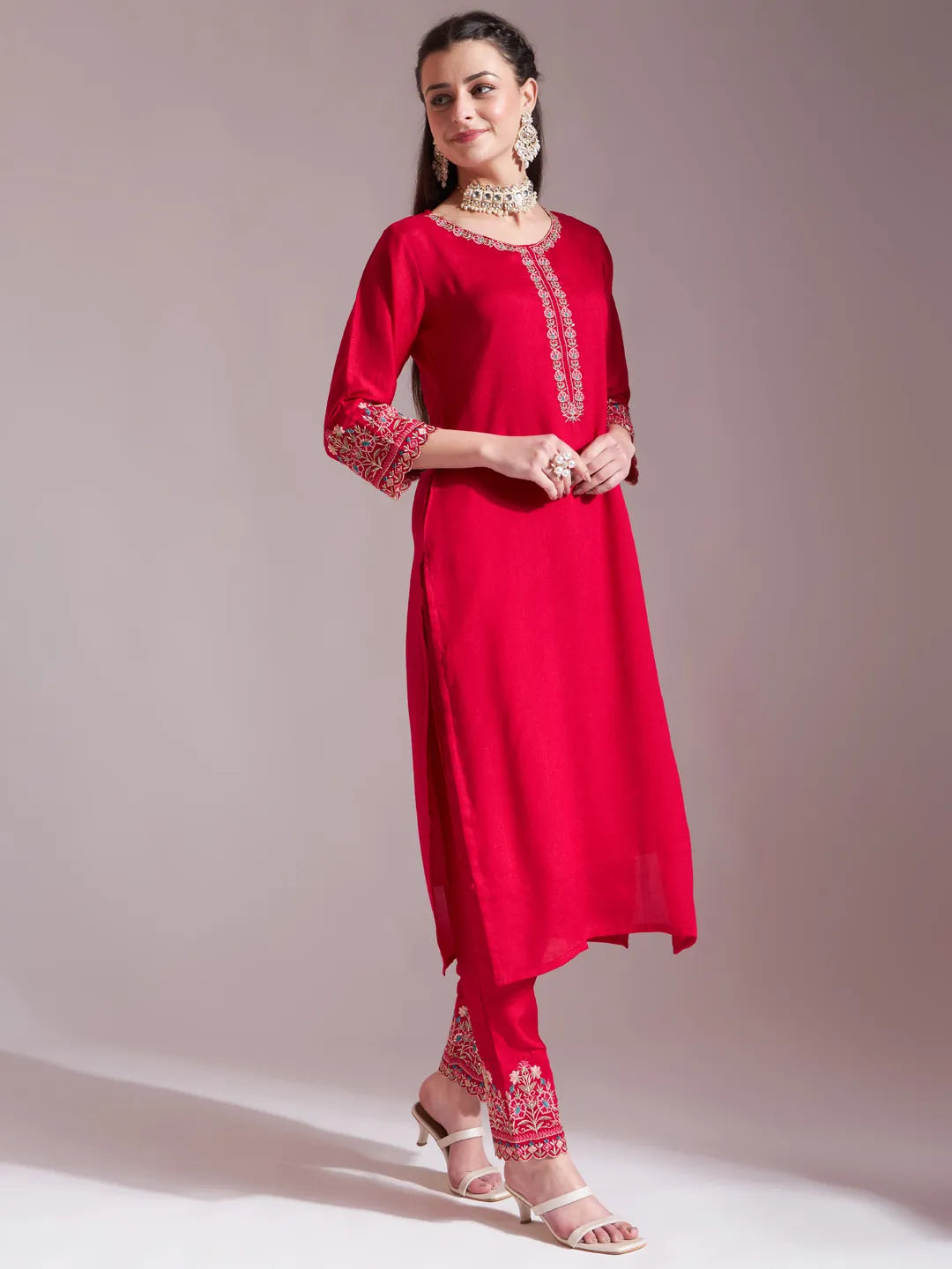 Hot Pink Embroidered Kurta With Pant And Dupatta Comes With Cotton Lining