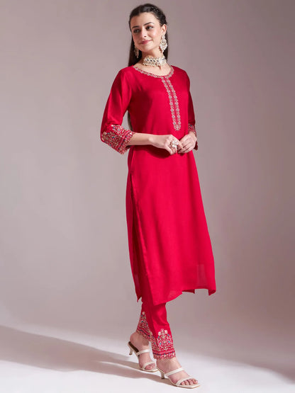 Hot Pink Embroidered Kurta With Pant And Dupatta Comes With Cotton Lining