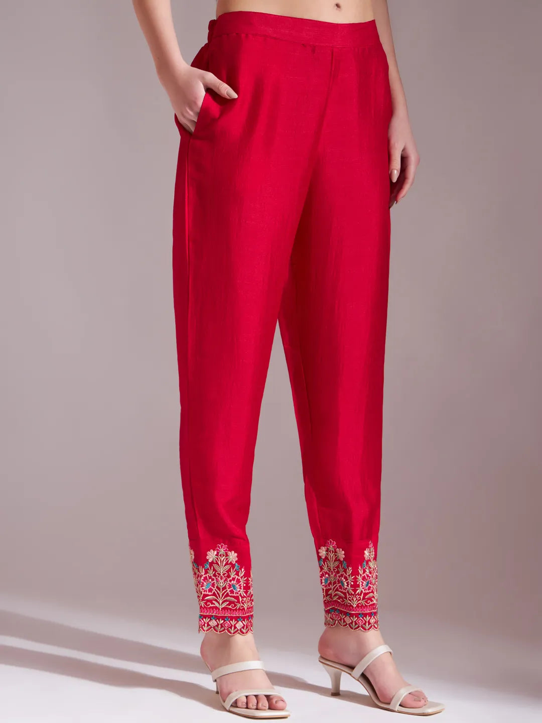 Hot Pink Embroidered Kurta With Pant And Dupatta Comes With Cotton Lining