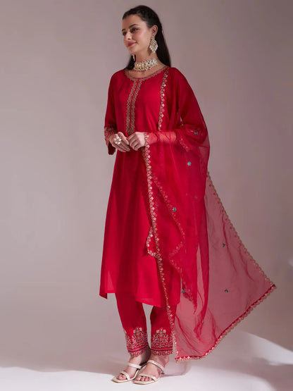 Hot Pink Embroidered Kurta With Pant And Dupatta Comes With Cotton Lining