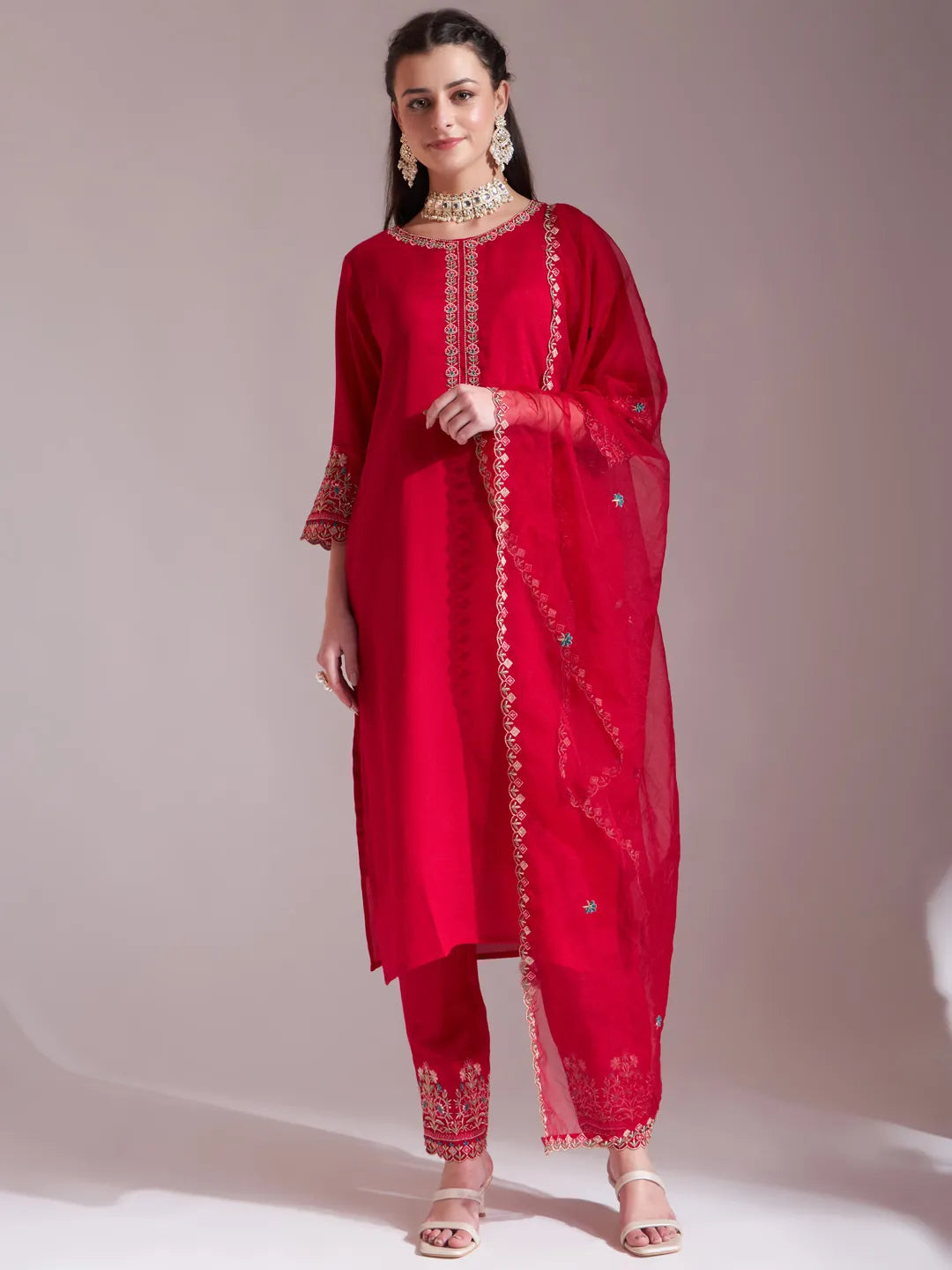 Hot Pink Embroidered Kurta With Pant And Dupatta Comes With Cotton Lining