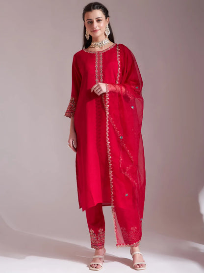 Hot Pink Embroidered Kurta With Pant And Dupatta Comes With Cotton Lining