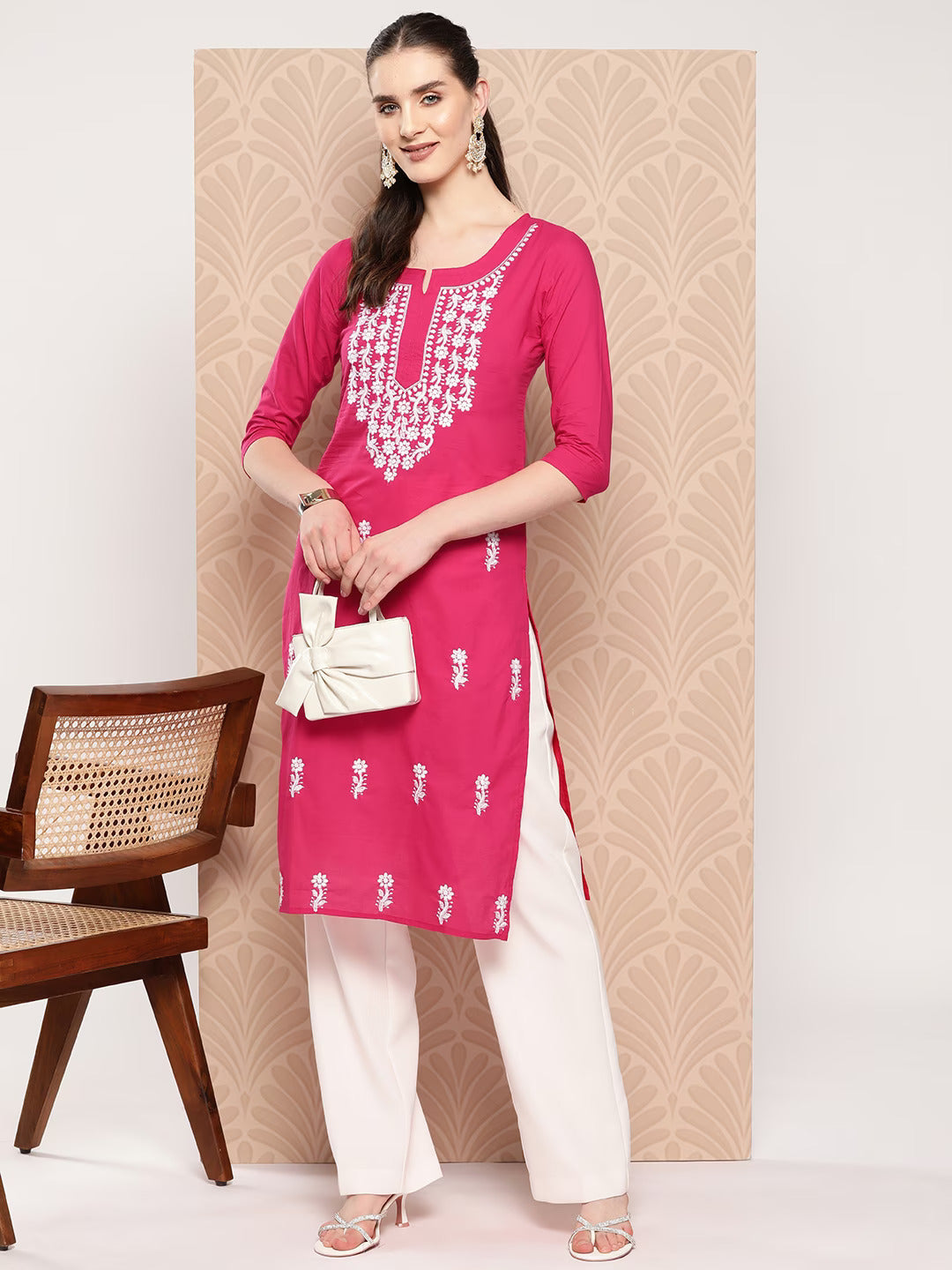 Hot Pink Floral Embroidered Pure Cotton Kurta