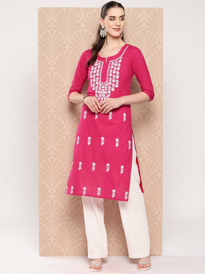 Hot Pink Floral Embroidered Pure Cotton Kurta