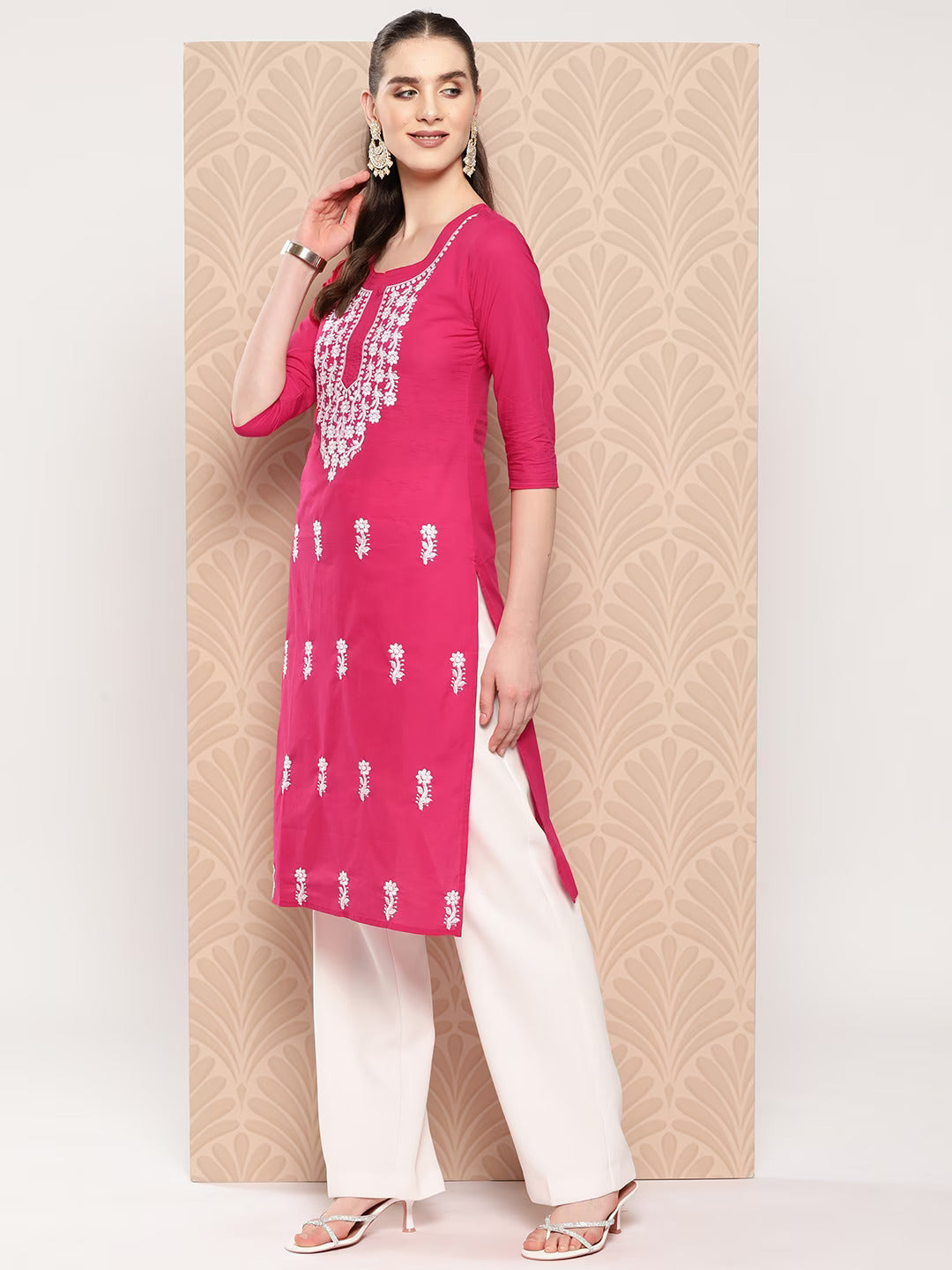 Hot Pink Floral Embroidered Pure Cotton Kurta