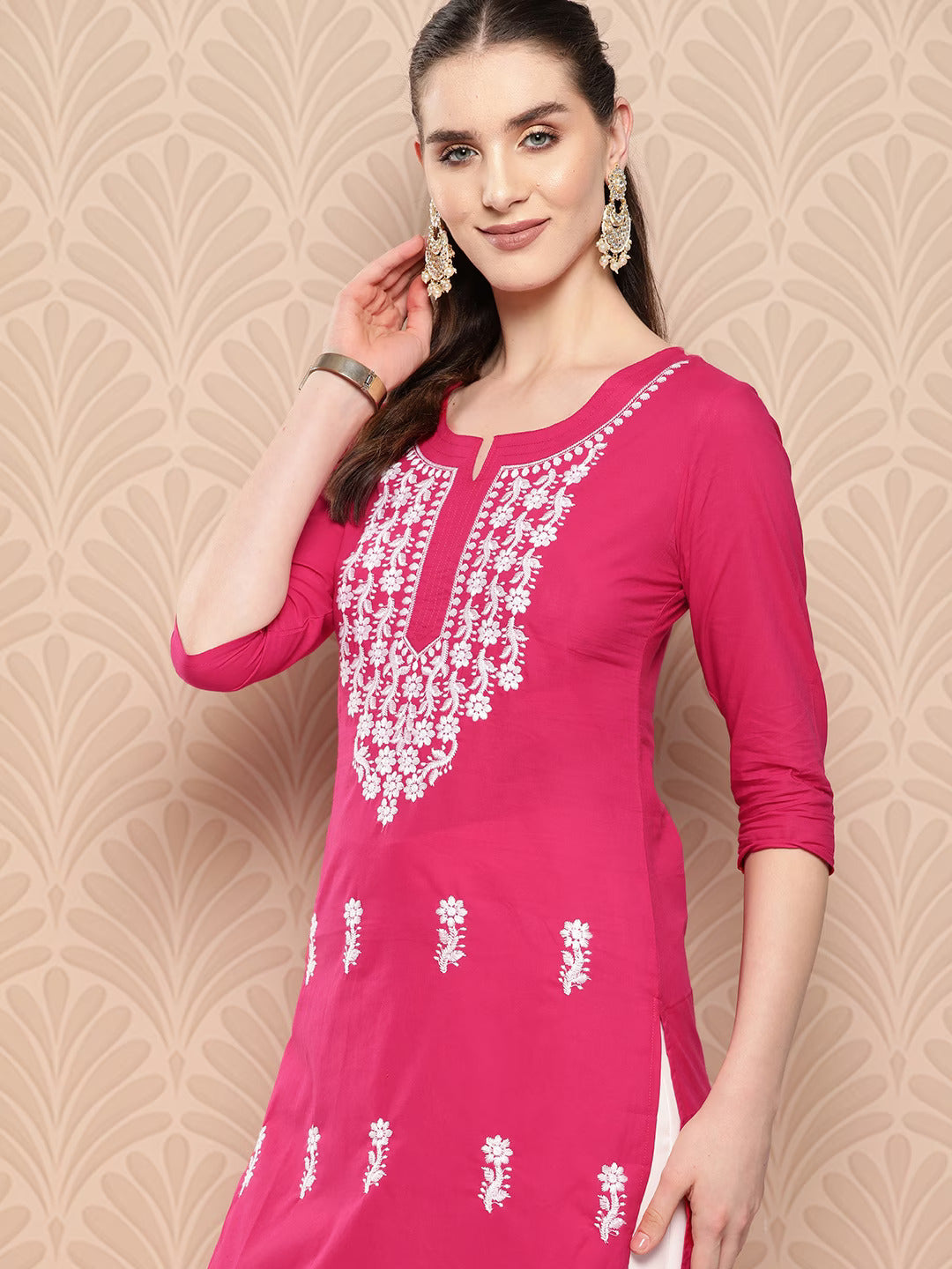 Hot Pink Floral Embroidered Pure Cotton Kurta