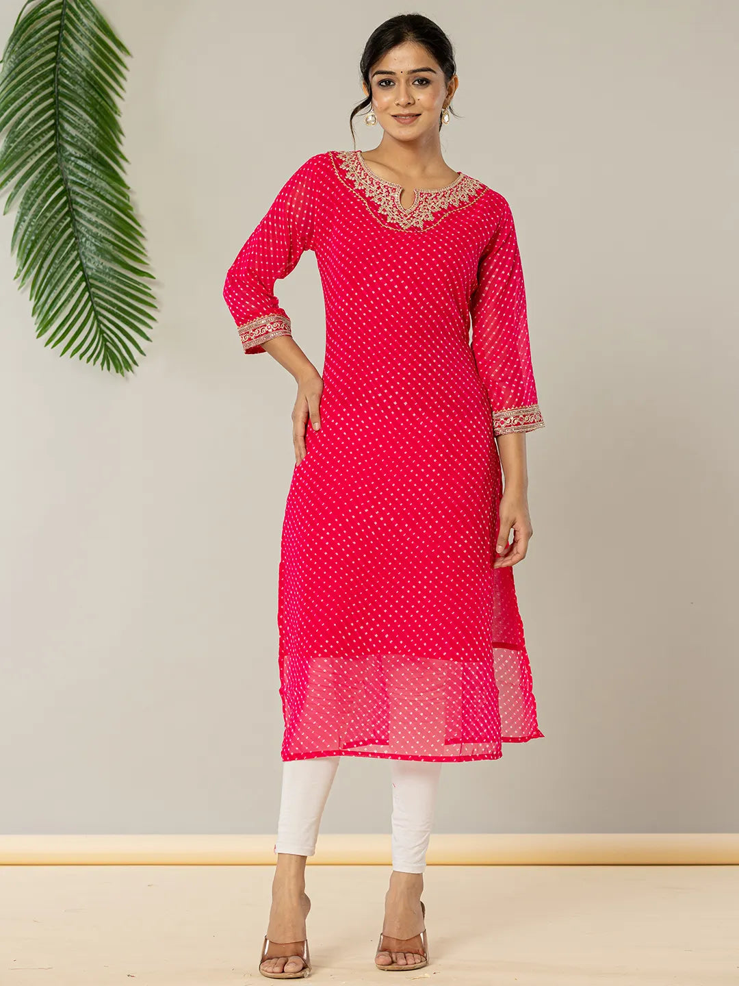 Hot Pink Georgette Lahiya Embroidery Kurta