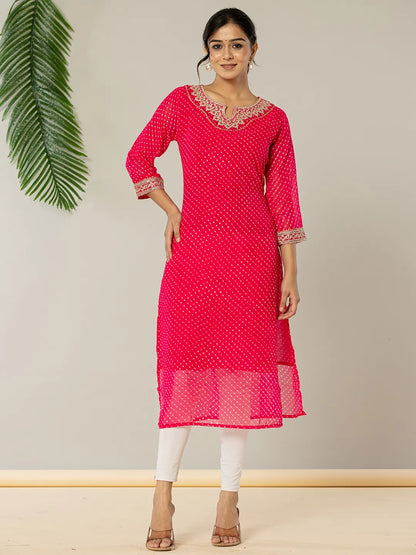Hot Pink Georgette Lahiya Embroidery Kurta