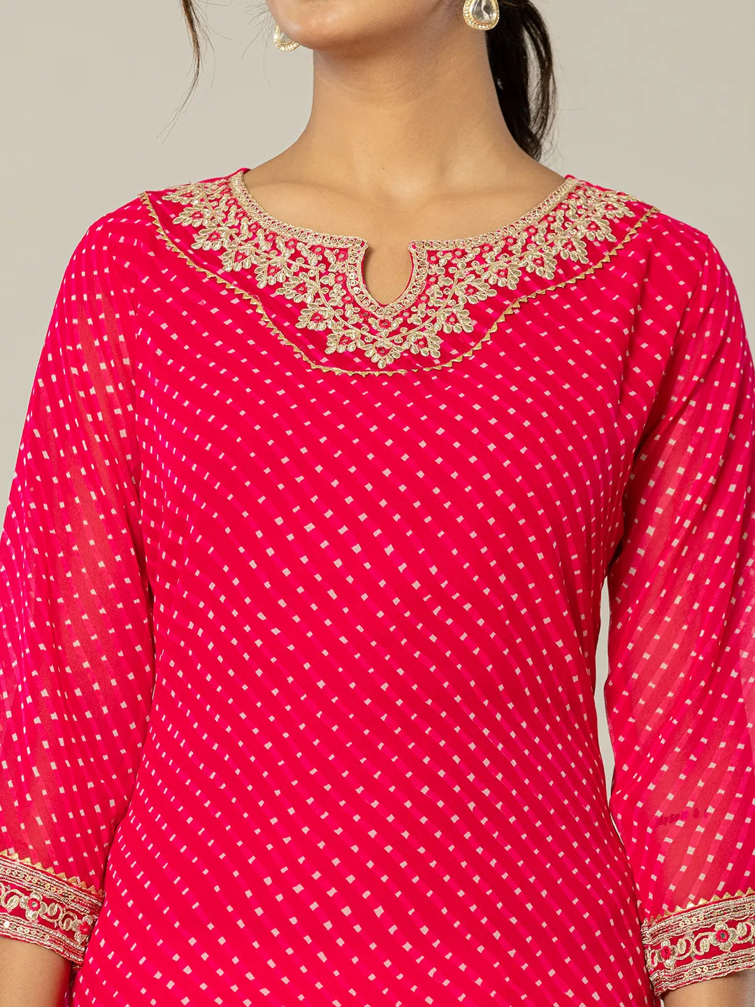 Hot Pink Georgette Lahiya Embroidery Kurta