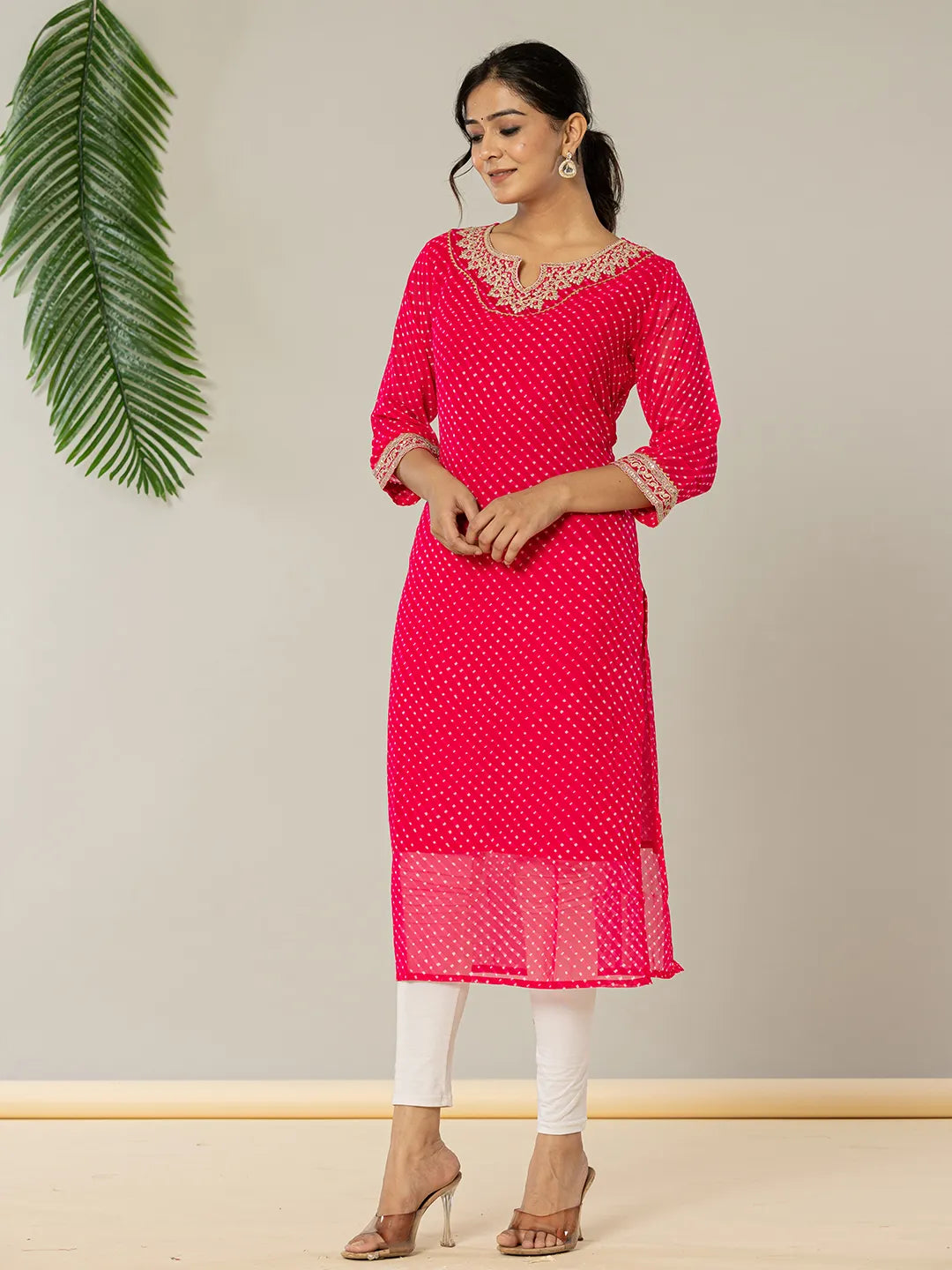 Hot Pink Georgette Lahiya Embroidery Kurta