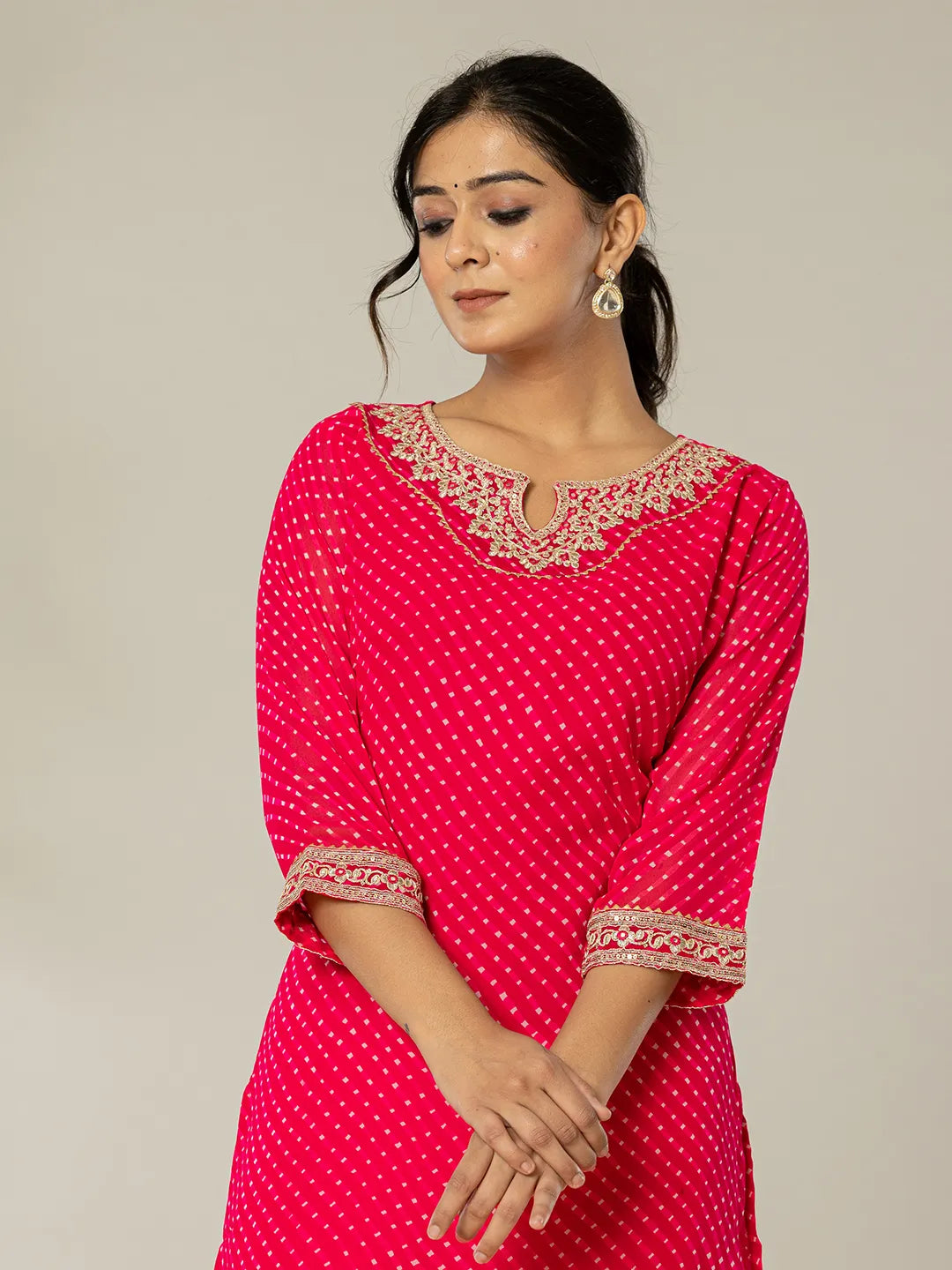 Hot Pink Georgette Lahiya Embroidery Kurta