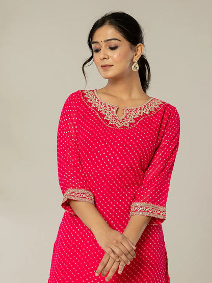 Hot Pink Georgette Lahiya Embroidery Kurta