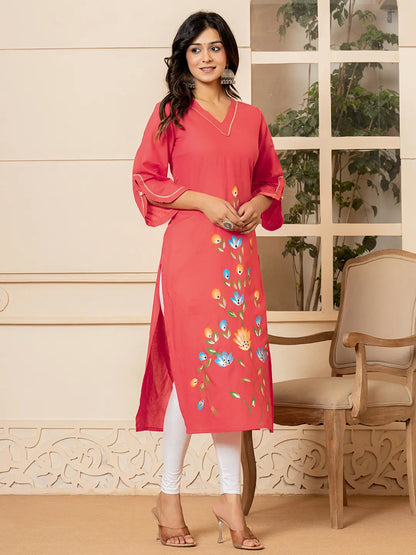 Hot Pink Hand Painted Straight Kurta