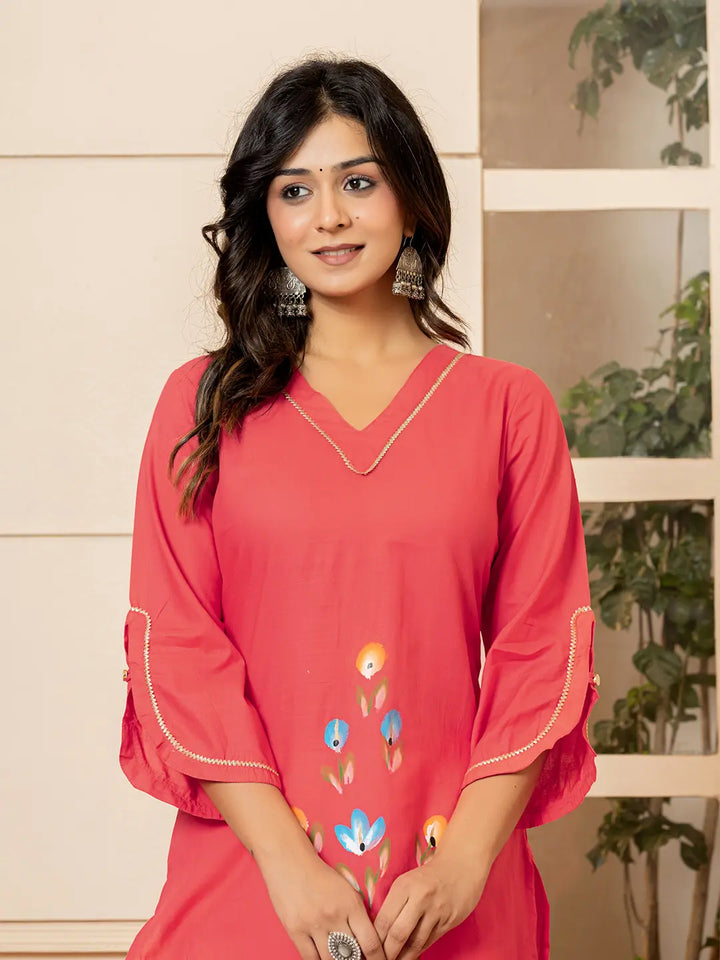 Hot Pink Hand Painted Straight Kurta
