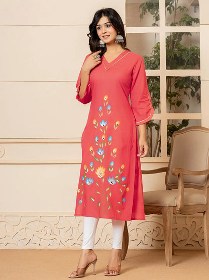 Hot Pink Hand Painted Straight Kurta