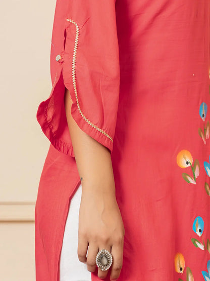 Hot Pink Hand Painted Straight Kurta