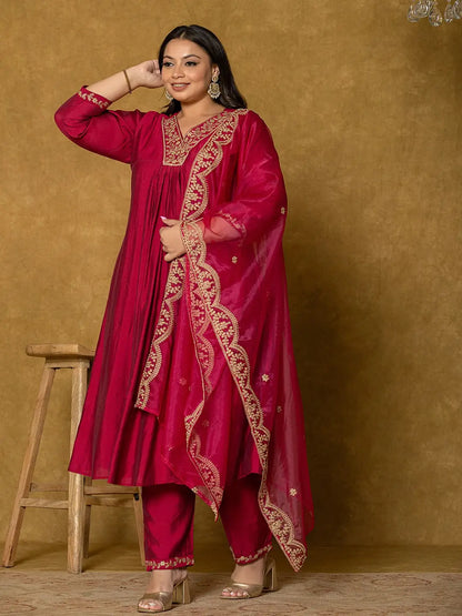 Hot Pink Silk Embroidered Plus Size Kurta Dupatta Set