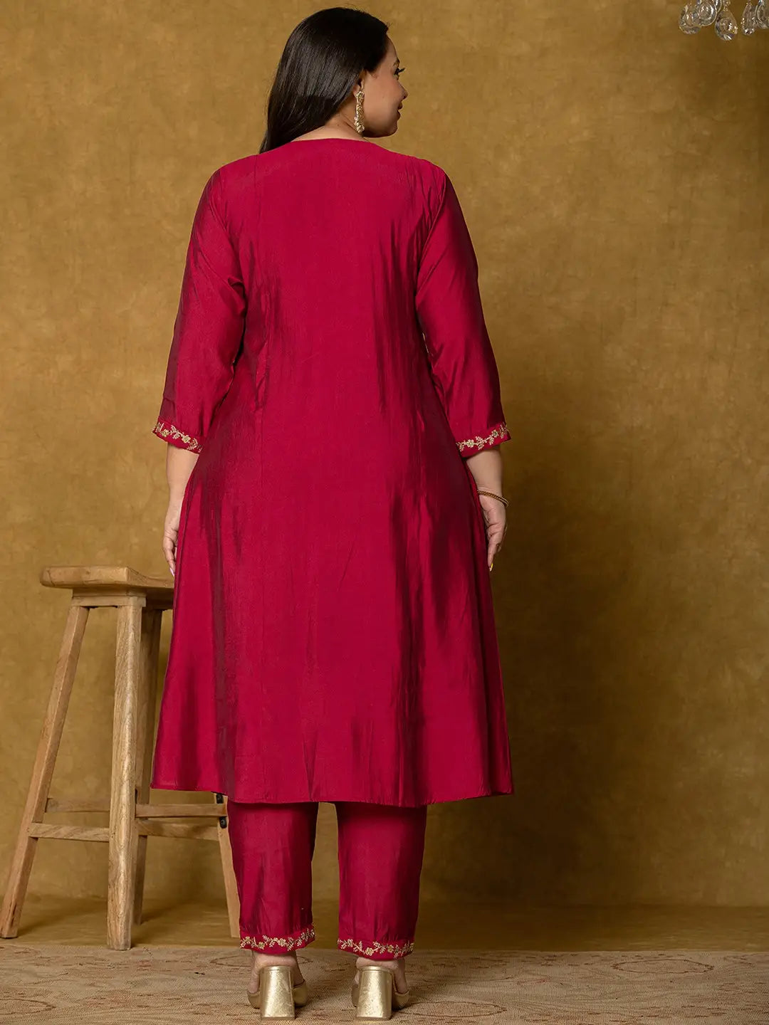 Hot Pink Silk Embroidered Plus Size Kurta Dupatta Set