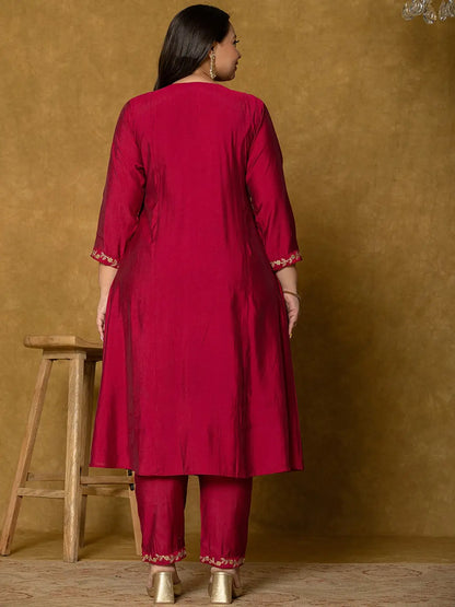 Hot Pink Silk Embroidered Plus Size Kurta Dupatta Set