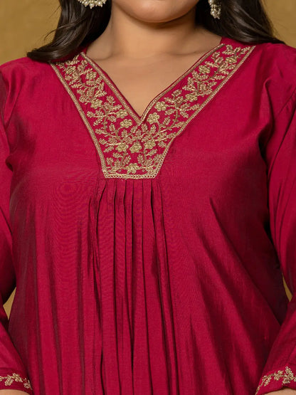 Hot Pink Silk Embroidered Plus Size Kurta Dupatta Set