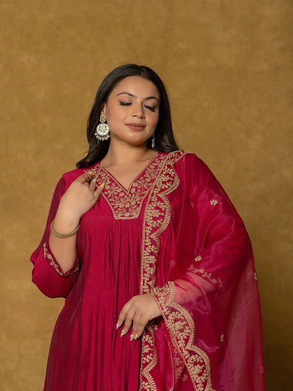 Hot Pink Silk Embroidered Plus Size Kurta Dupatta Set