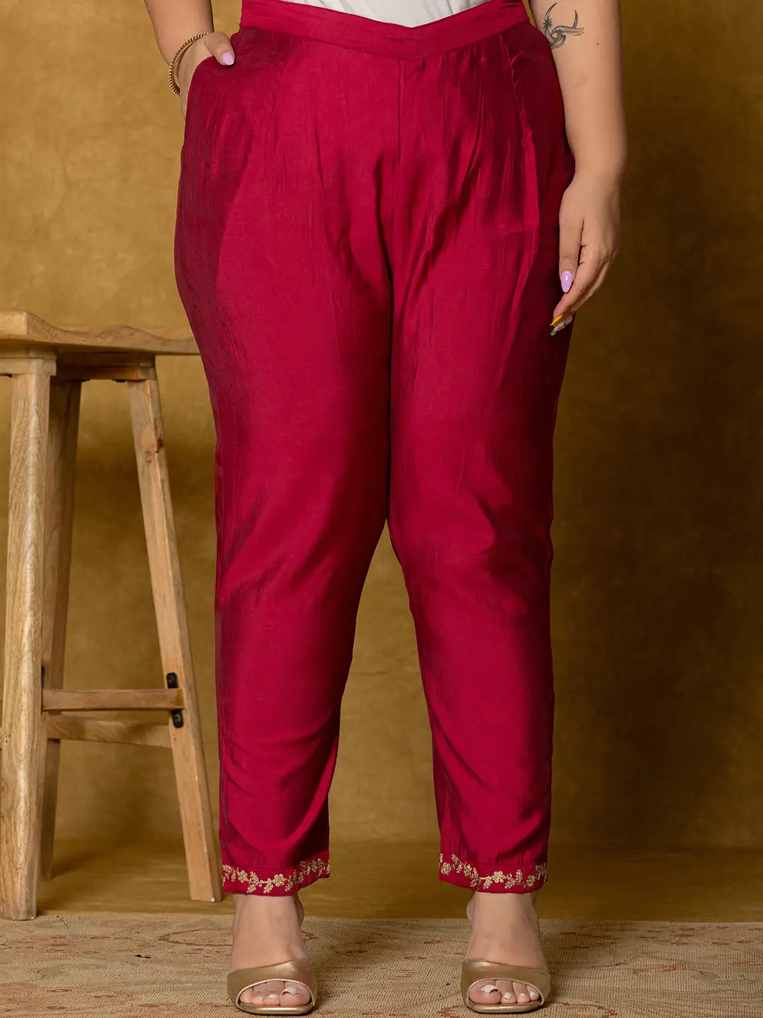 Hot Pink Silk Embroidered Plus Size Kurta Dupatta Set