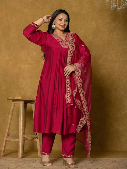 Hot Pink Silk Embroidered Plus Size Kurta Dupatta Set