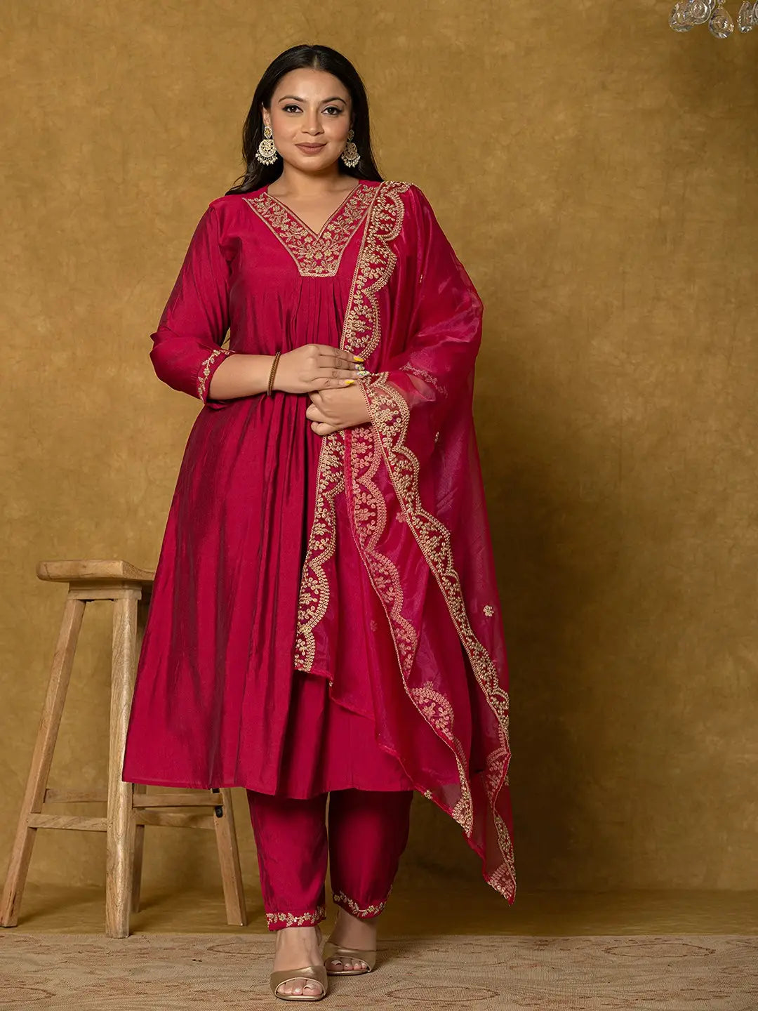 Hot Pink Silk Embroidered Plus Size Kurta Dupatta Set
