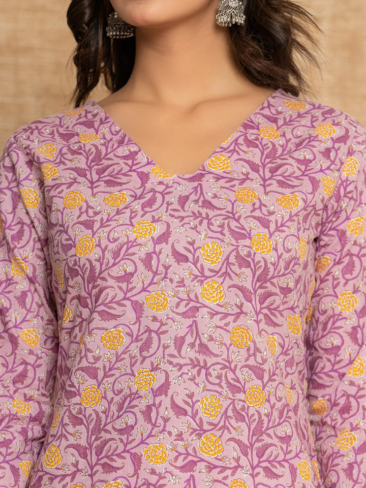 Lavander Floral Print Cotton Straight Style Kurta And Dhoti Pants With Dupatta Set