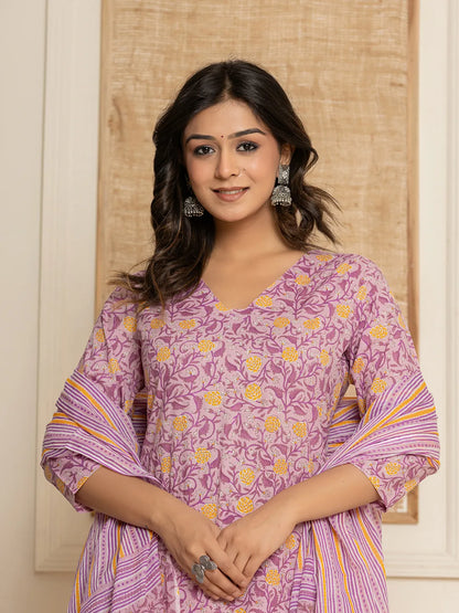 Lavander Floral Print Cotton Straight Style Kurta And Dhoti Pants With Dupatta Set