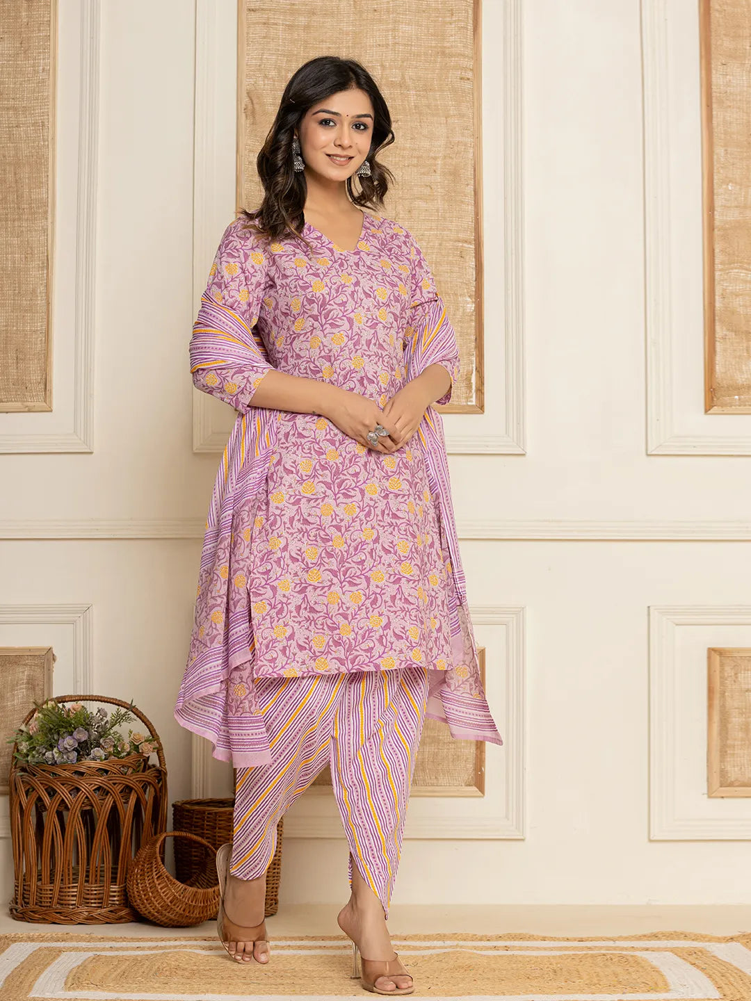 Lavander Floral Print Cotton Straight Style Kurta And Dhoti Pants With Dupatta Set
