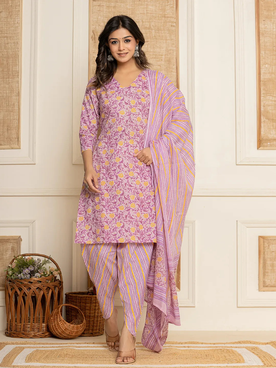 Lavander Floral Print Cotton Straight Style Kurta And Dhoti Pants With Dupatta Set