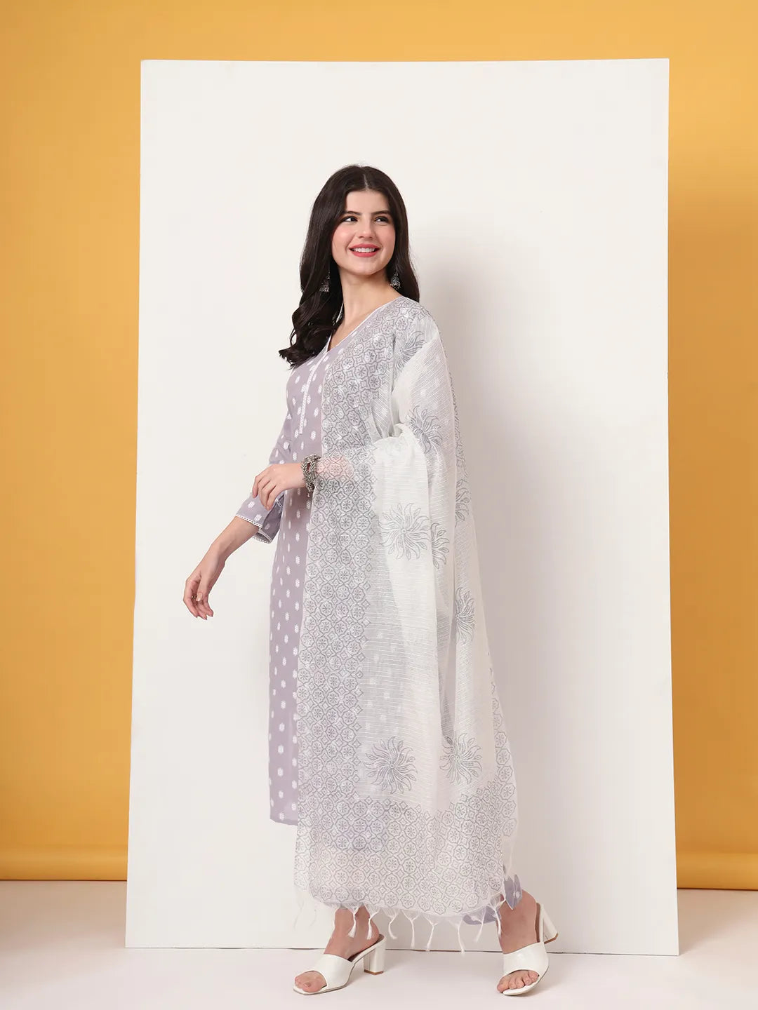 Lavender And White Cotton Straight Kurta Dupatta Set