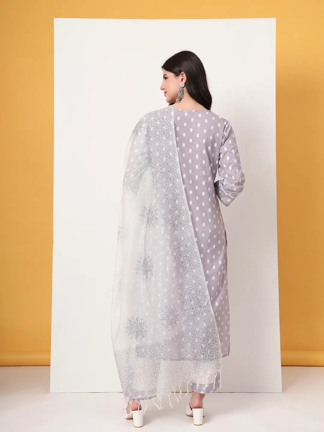 Lavender And White Cotton Straight Kurta Dupatta Set
