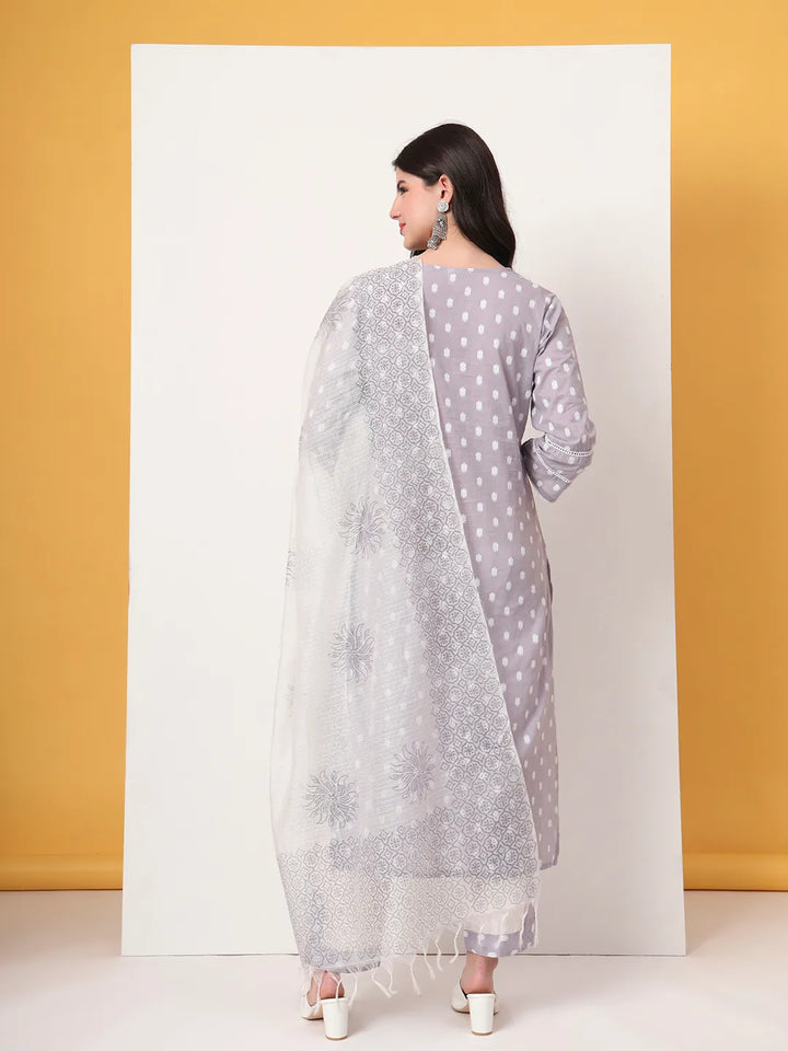 Lavender And White Cotton Straight Kurta Dupatta Set